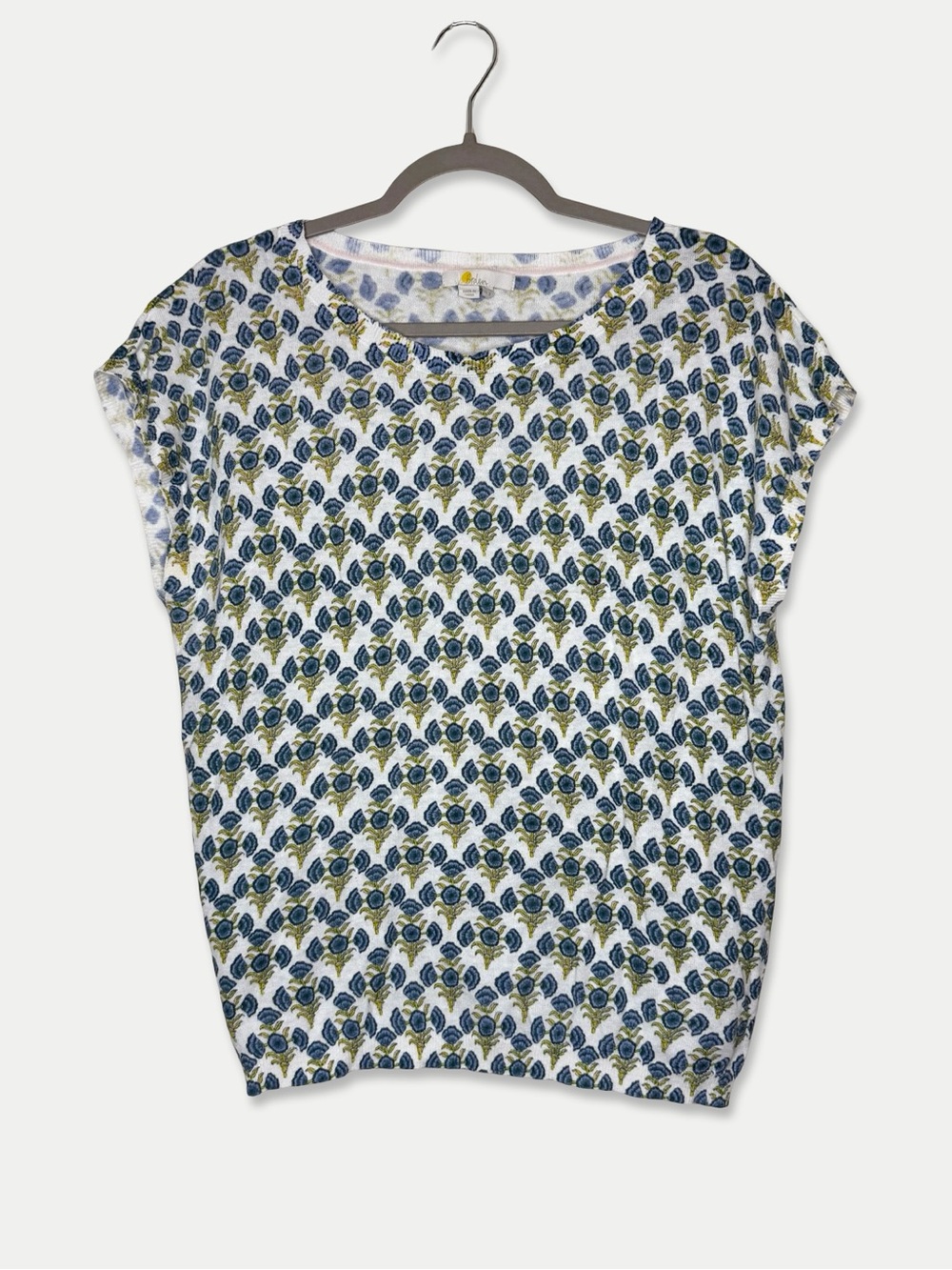 Boden Women’s Size 8 Blue Green Floral Linen Cotton Short Sleeve Sweater Top